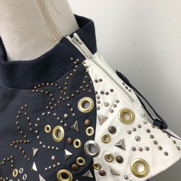 Sacai Grommet Blouse Top Womens Medium Blue White Short Sleeve Belted Edgy Urban - Picture 6 of 12